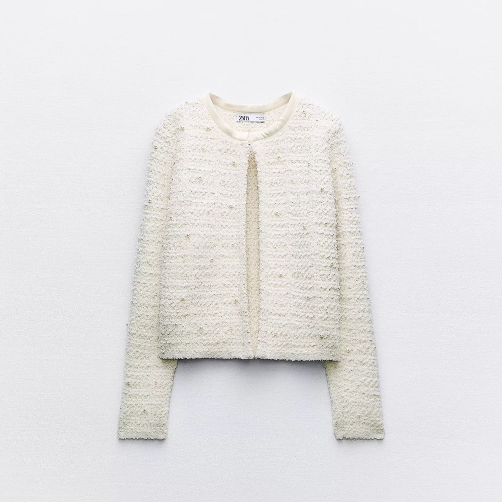 ZARA Pearl Knit Cardigan Women's Ivory Textured Jacket NWT